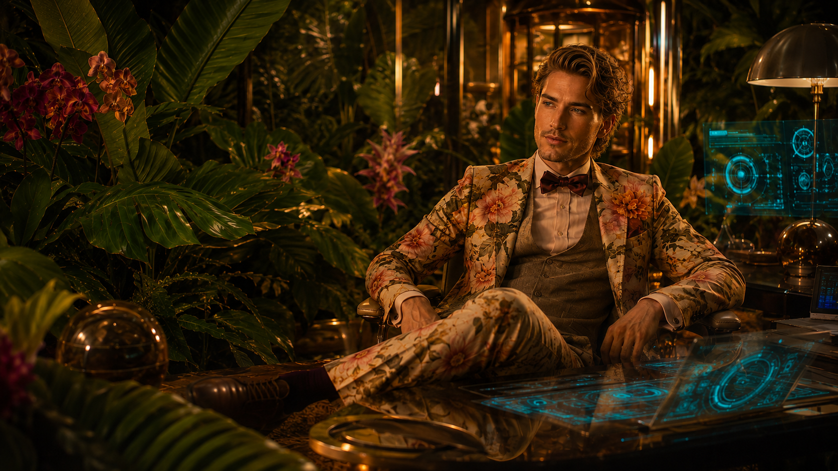 A visionary seated among tropical flora and cinematic technology
